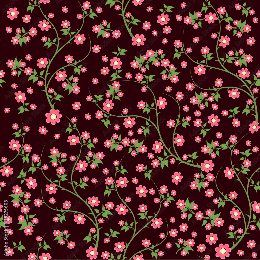 Seamless ditsy. Floral pattern. Flowers background. Vector illustration. pink small flowers on a dark brown background.