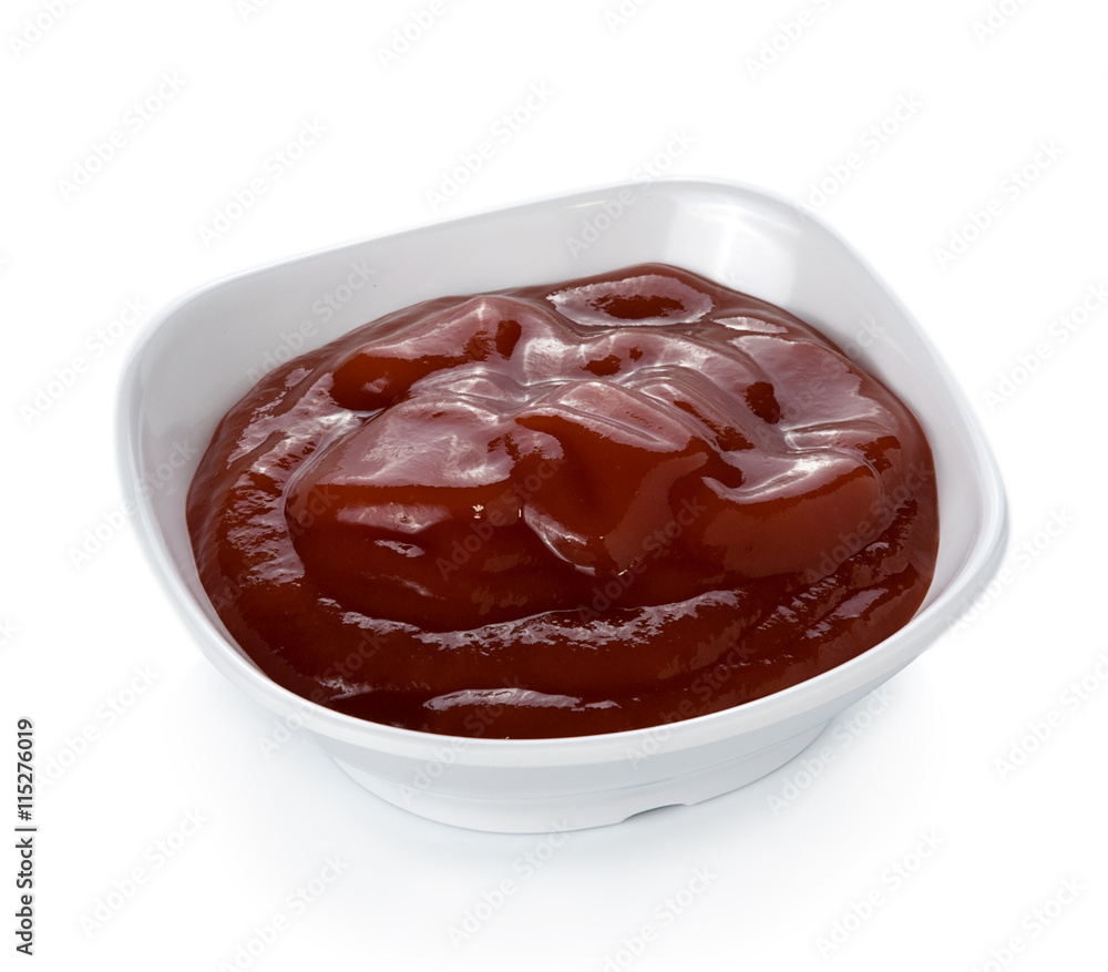 Bowl of tomato sauce sauce on white background
