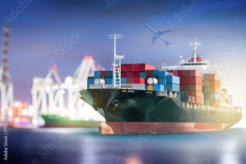 Container Cargo ship with ports crane bridge in harbor and Cargo plane for logistic import export background and transport industry.