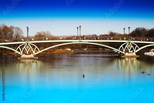 Horizontal dramatic arc bridge in Moscow park background © spacedrone808