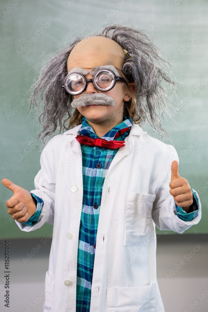 boy dressed as scientist gesturing thumbs up sign - obrazy, fototapety, plakaty 
