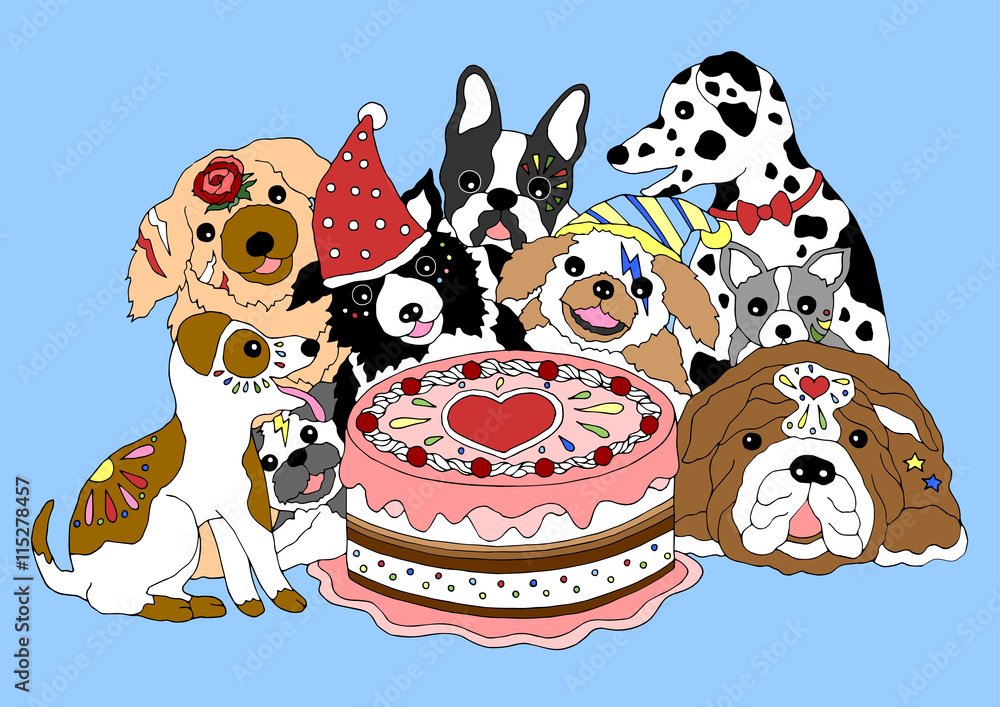 Obraz premium dogs happy birthday party with big cake, hand drawn vector