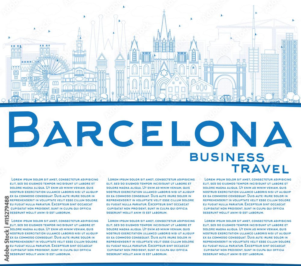 Outline Barcelona Skyline with Blue Buildings and Copy Space.