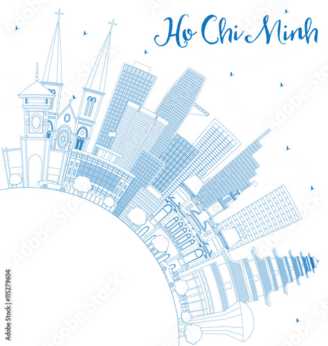 Outline Ho Chi Minh Skyline with Blue Buildings and Copy Space.
