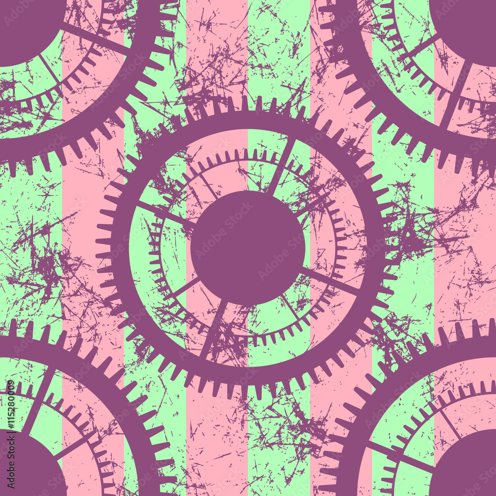 Vector seamless patterns with mechanism of watch. Creative geometric colorful grunge backgrounds with gear wheel. Texture with cracks, ambrosia, scratches, attrition. Graphic illustration.