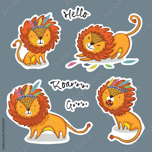 Sticker set of cartoon lion action
