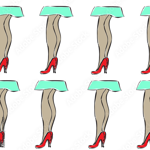 Hand drawn seamless pattern with girl legs in shoes and skirt