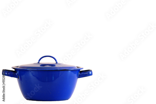 Blue enamel pot isolated on white background.