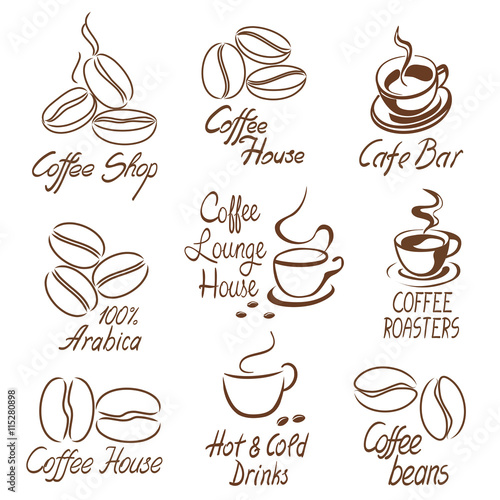 set of coffee shop signs with beans and cups line art style