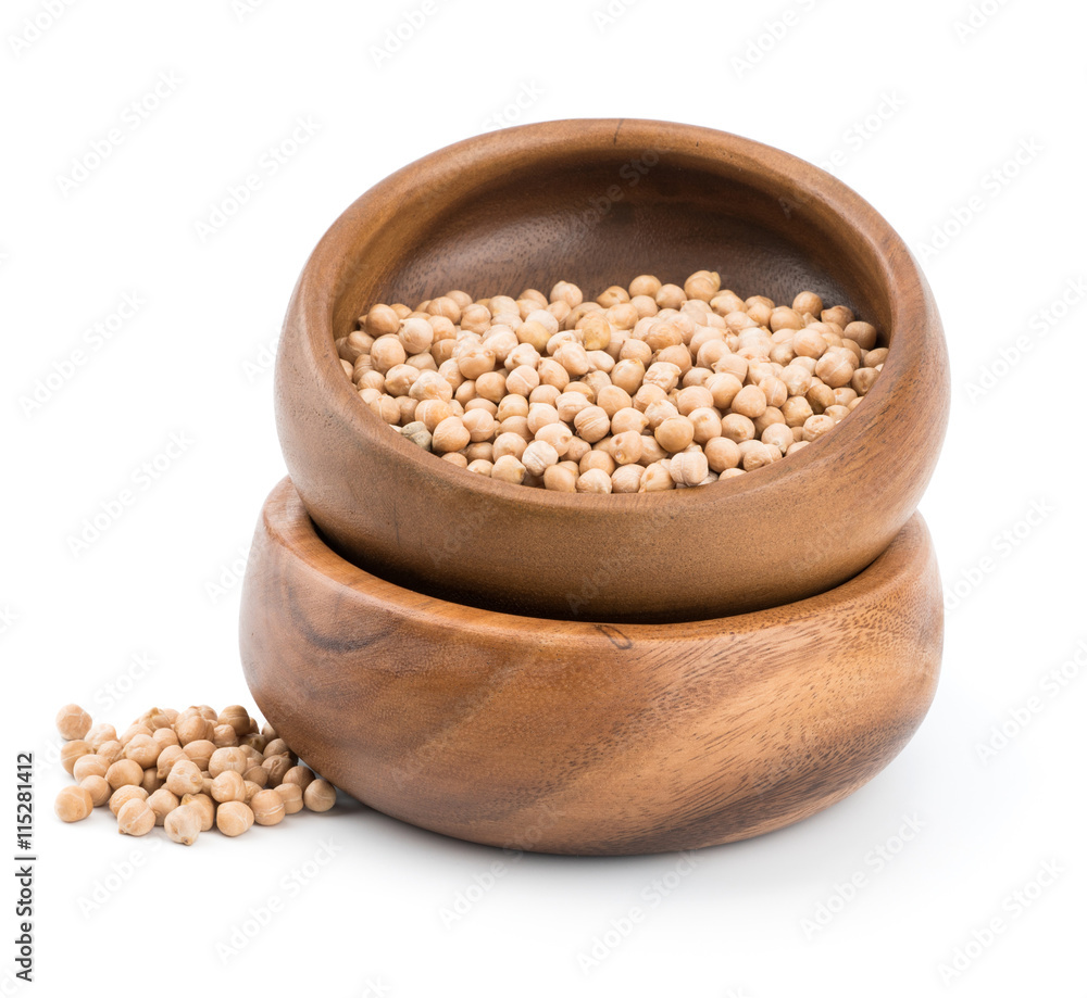 uncooked chickpeas in wooden bowl
