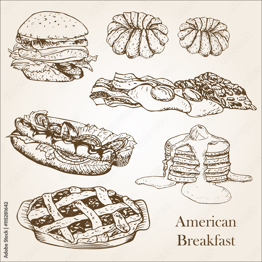American Breakfast doodle set performed in vintage style. Freehand drawing  illustration. It can be used for design menu, poster, packaging or label  Stock Vector | Adobe Stock