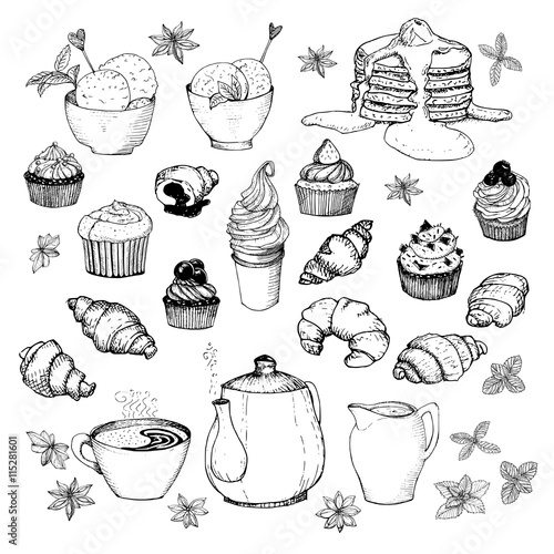 Tea Time set. Hand drawn illustration. It can be used for design menu or greeting cards, packaging