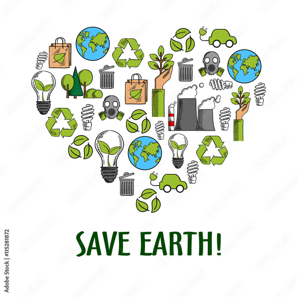 Eco icons creating a heart symbol, sketch style Eco icons creating a heart symbol, sketch style