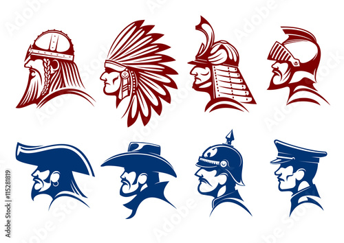 Blue and brown icons of warriors, soldiers symbols