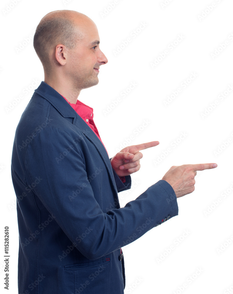 profile of bald man pointing finger profile of bald man pointing finger