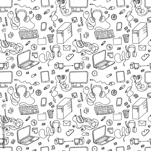 A vector seamless pattern of hand drawn doodles of electronic gadgets. Computer, laptop, monitor