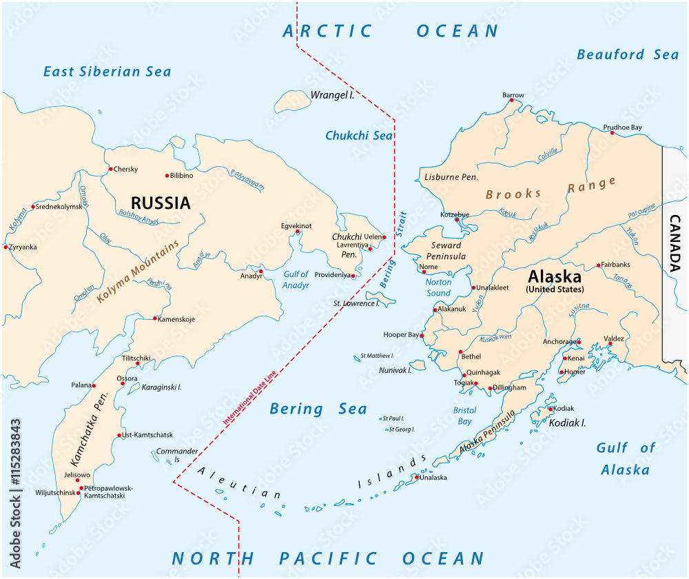 vector map of the Bering Strait between Russia and Alaska