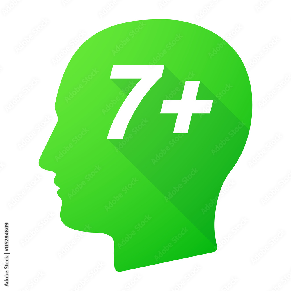 Isolated long shadow male head with the text 7+ Isolated long shadow male head with the text 7+