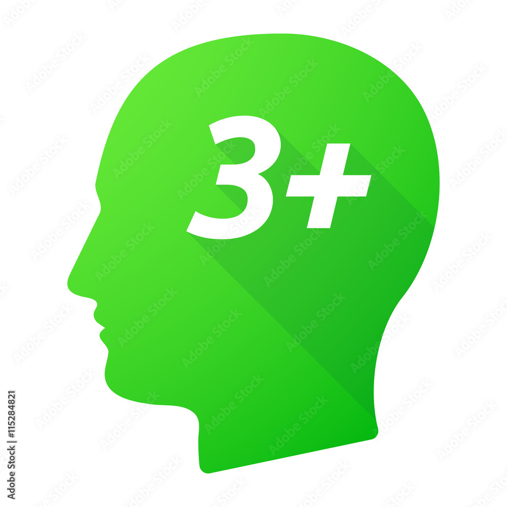 Isolated long shadow male head with the text 3+ Isolated long shadow male head with the text 3+