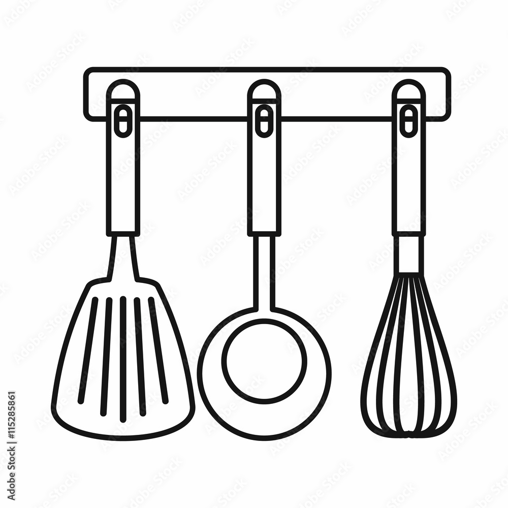 Spatula, ladle and whisk, kitchen tools on a hanger icon in outline