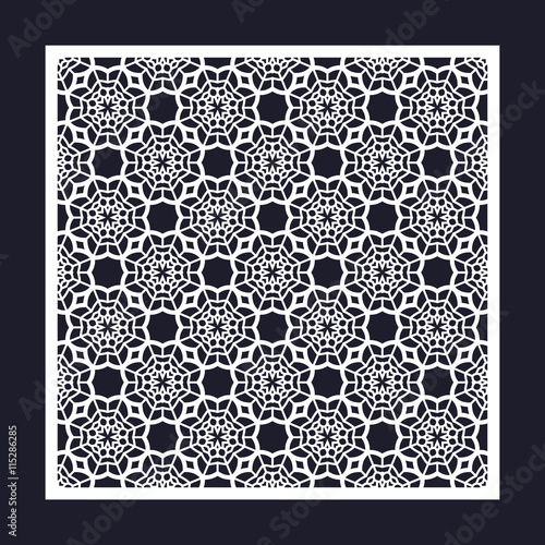 Laser cutting template for greeting cards, envelopes, wedding invitations. Openwork square frame with geometric pattern.