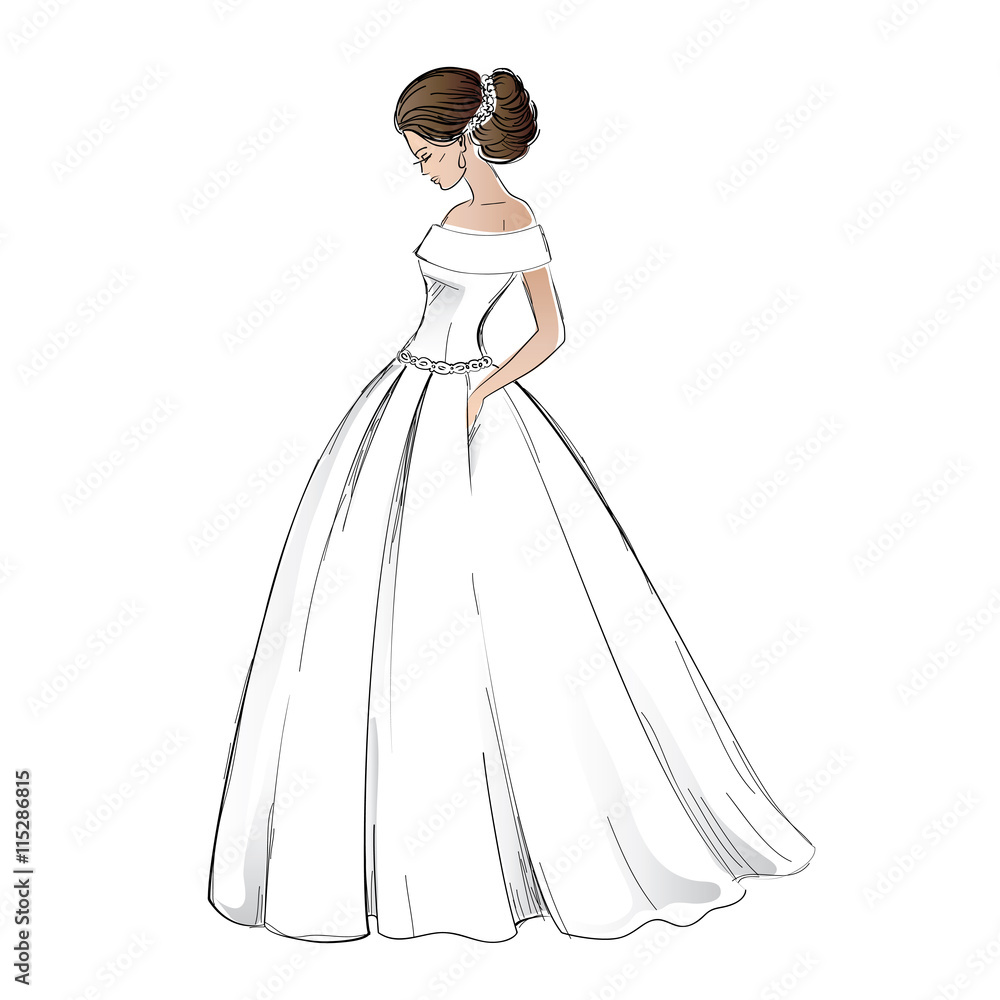 Sketch of young bride model in wedding dress