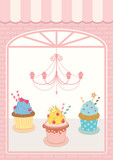 Illustration vector decoration showcase cupcakes cafe shop with luxury and vintage style.Pastel pink colors background.