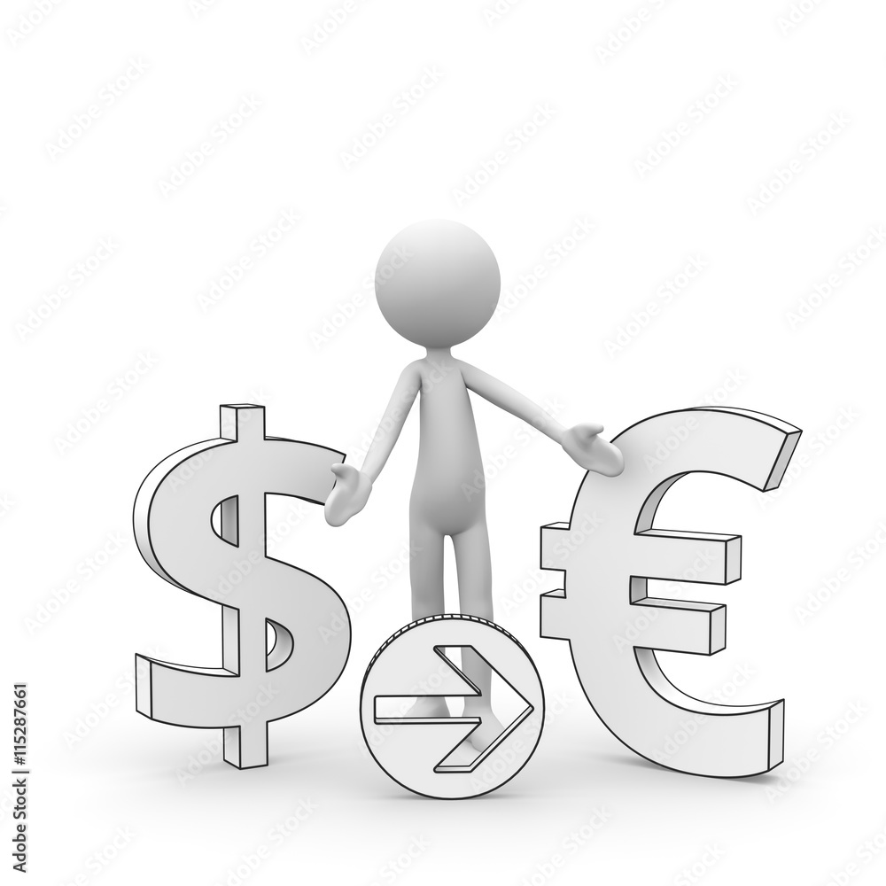 3D Cartoon Karakter - Weißes kleines 3D Männchen als Geschäftsmann zeigt auf Dollar und Euro Währungszeichen. Schwarzweiß rendering isoliert auf weißem Hintergrund mit sanftem Schatten auf dem Boden. 3D Cartoon Karakter - Weißes kleines 3D Männchen als Geschäftsmann zeigt auf Dollar und Euro Währungszeichen. Schwarzweiß rendering isoliert auf weißem Hintergrund mit sanftem Schatten auf dem Boden.