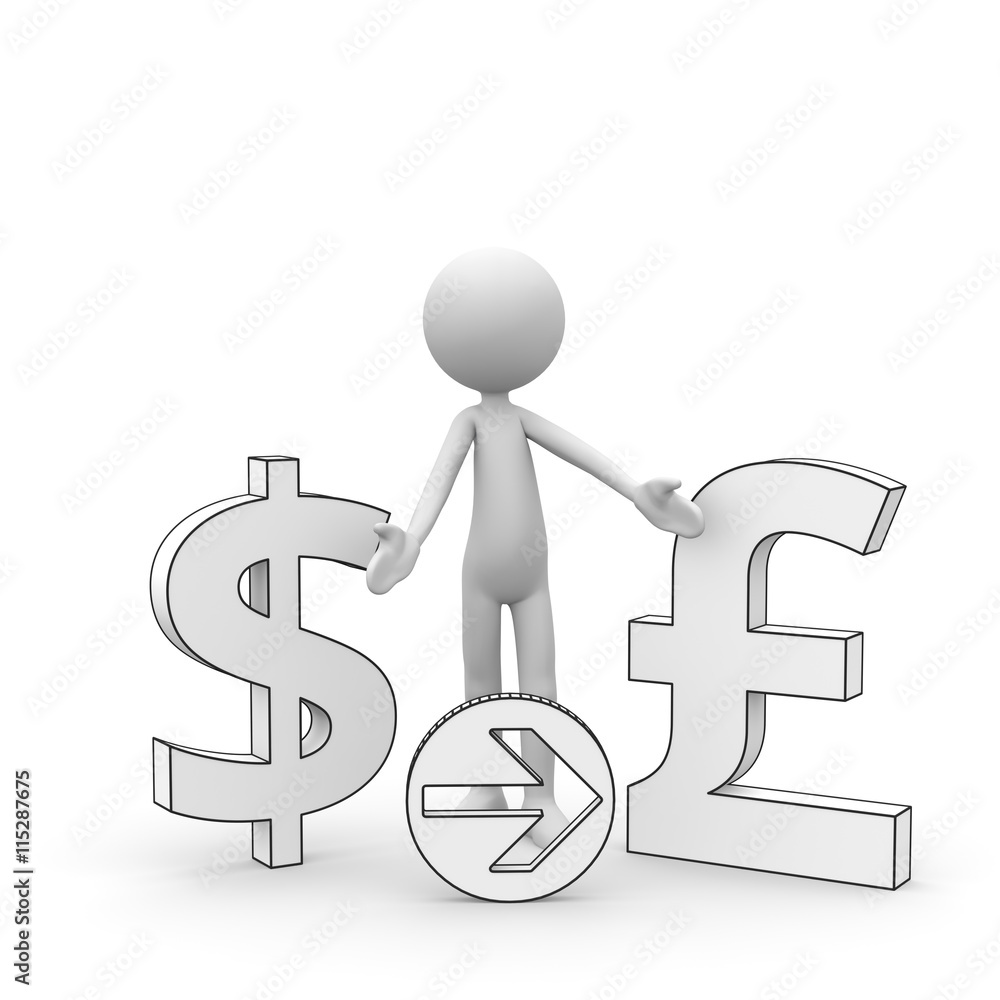 3D Cartoon Karakter - Weißes kleines 3D Männchen als Geschäftsmann zeigt auf Dollar und Pfund Währungszeichen. Schwarzweiß rendering isoliert auf weißem Hintergrund mit sanftem Schatten auf dem Boden. 3D Cartoon Karakter - Weißes kleines 3D Männchen als Geschäftsmann zeigt auf Dollar und Pfund Währungszeichen. Schwarzweiß rendering isoliert auf weißem Hintergrund mit sanftem Schatten auf dem Boden.
