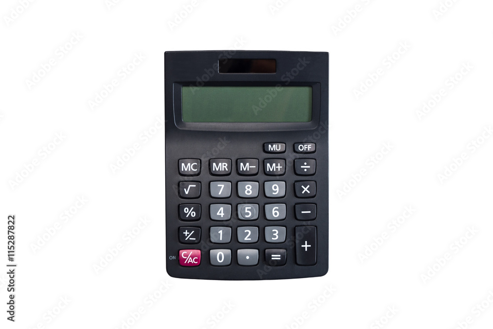 Top view of a black calculator isolated on white background Top view of a black calculator isolated on white background