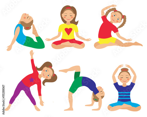 Vector illustration of kid yoga positions. Children activities Set
