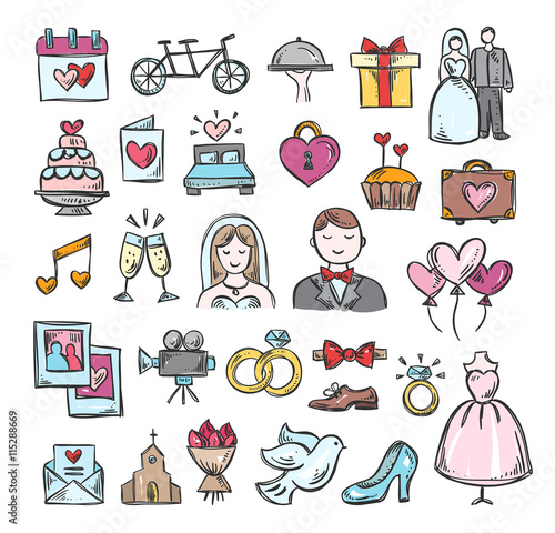 Wedding hand sketch icons. Cute hand drawn wedding symbols and objects: marriage, couple, love, bride, groom, honeymoon and other design elements