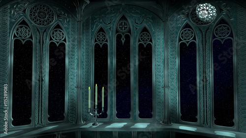 Fantasy balcony with chandelier at night 3D Illustration