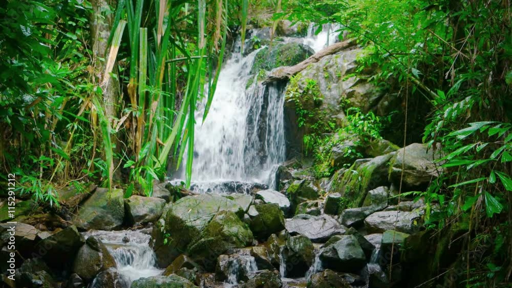 White water flows continuously over enormous, mossy boulders as it flows and tumbles down this natural waterfall in a Southeast Asian tropical rainforest, with sound. White water flows continuously over enormous, mossy boulders as it flows and tumbles down this natural waterfall in a Southeast Asian tropical rainforest, with sound.