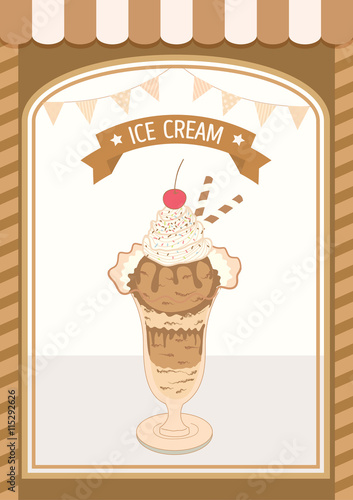 Chocolate sundae Ice cream cup on cafe.