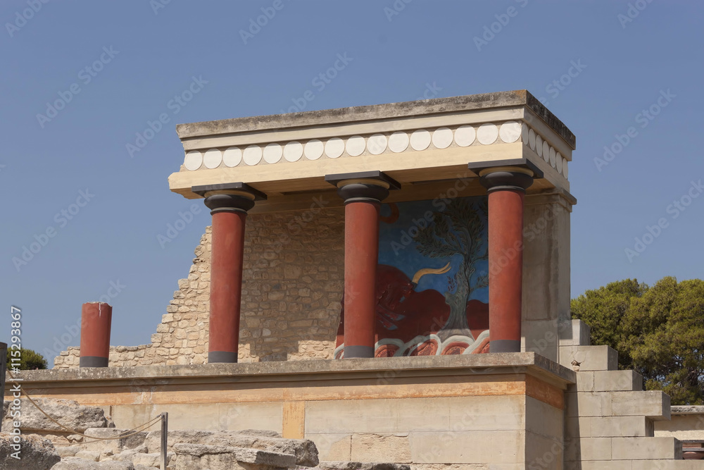 Restored balcony colonnade relief fresco depicting bull