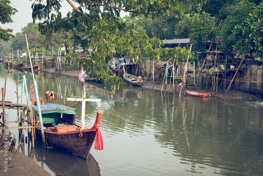 Fishing village in Southeast Asia;;vintage style