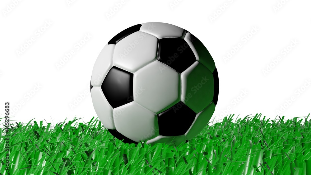 3D rendering of soccer ball on grass, isolated on white background.