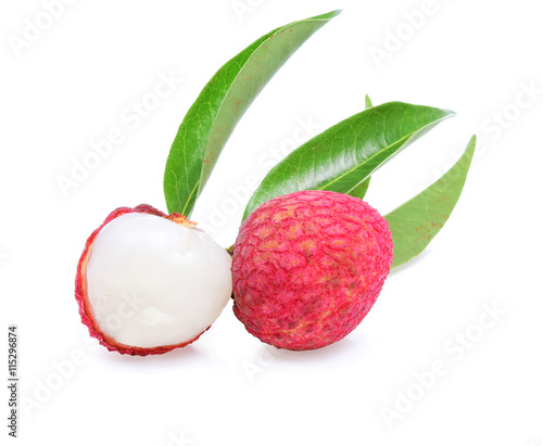 Fresh lychees and leaves isolated on white background