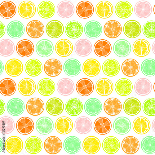 Seamless pattern with lemon, orange and grapefruit on white background. Hand-drawn citrus. Stylized graphics.
