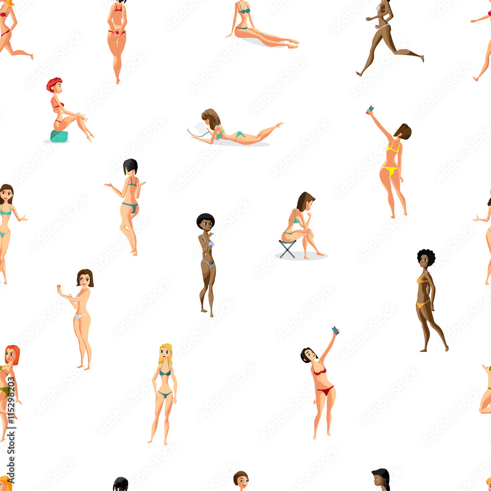 Seamless textile pattern with vector modern flat design woman dr