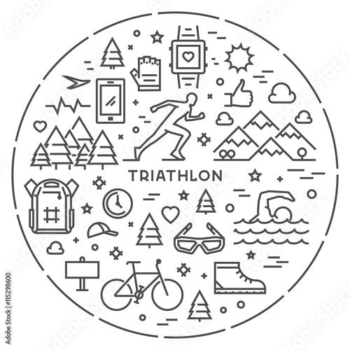 Line round concept for triathlon. Vector linear prints on T-shirts for triathlon. Open path.