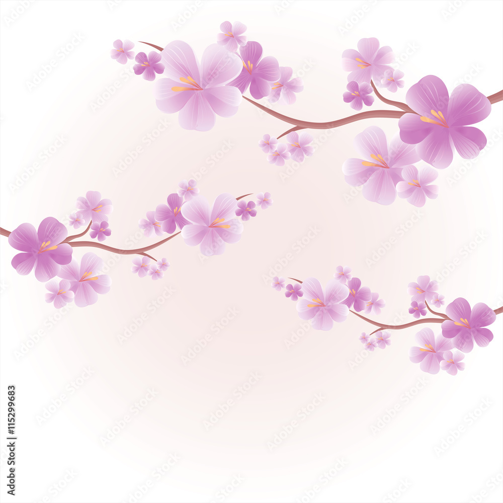 Apple tree flowers. Branches of sakura with Purple flowers isolated on Light Pink Yellow color background. Cherry blossom branches. Vector