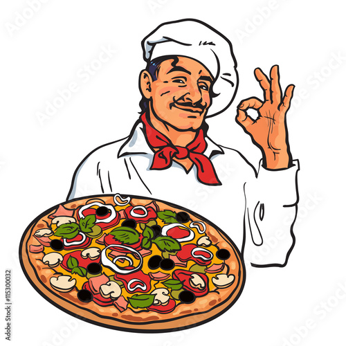 Smiling Italian chef holding pizza in his hand, sketch style vector illustration isolated on white background. Sketch of charming Italian chef serving pizza