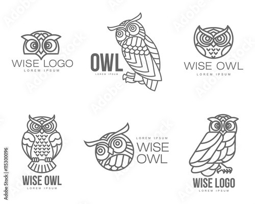 Set of black and white owl logo templates. Vector illustration isolated on white background. Great owl logo templates for companies, schools and colleges