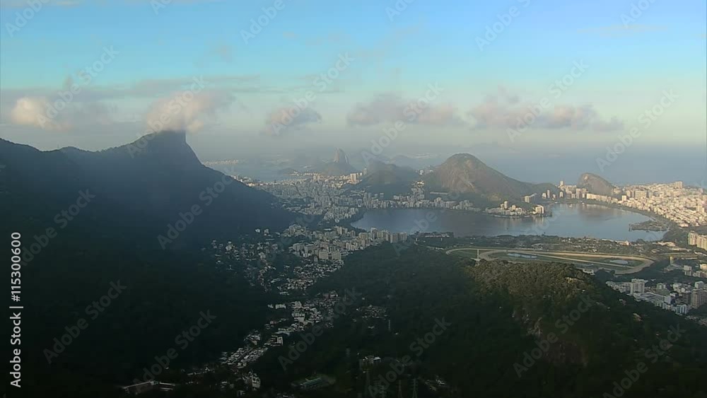 Aerial view of Rio De Janeiro with Corcovado Hill in clouds, Brazil Aerial view of Rio De Janeiro with Corcovado Hill in clouds, Brazil