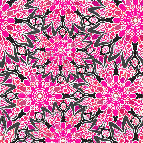 Seamless colorful pattern. Oriental style. Fabric or wallpaper texture. Ethnic Mandala forms. Islam  Arabic  Indian motifs. Abstract Tribal vector. Floral background. Creative elements. Bright pink.