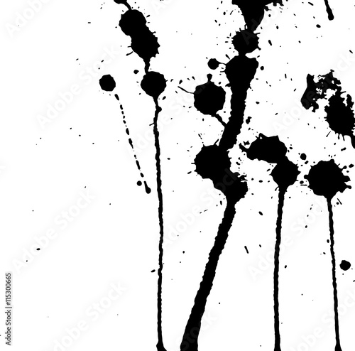 Black ink splash. Paint splatter. Black blots on white. Ink stains. Ink Splatter Background. Black and white vector illustration. Ink stains and strokes. Abstract background. Grunge vector template. 