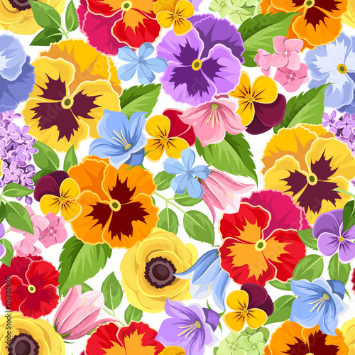 Vector seamless background with colorful pansy, harebell and hydrangea flowers.