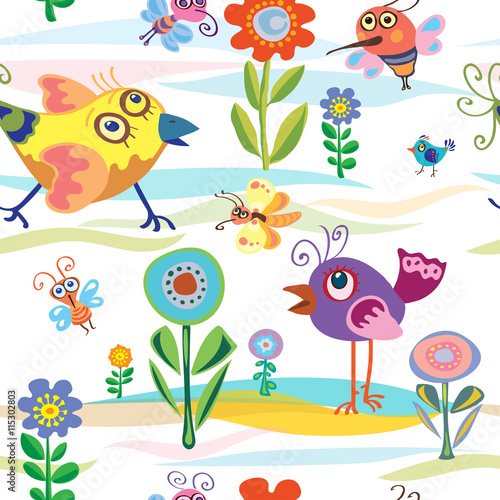 birds  summer  spring  pattern with birds  bees and butterflies